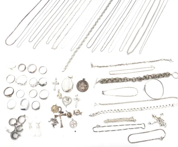 Mostly silver jewellery, comprising; fifteen rings, ten bracelets, a bangle, twelve pendants, lockets and charms, four pairs of earrings and sixteen n