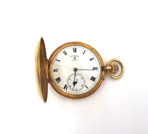 A gentleman's 18ct gold cased, keyless wind, hunting cased pocket watch, the gilt three quarter plate jewelled lever movement detailed Rotherhams, Lon