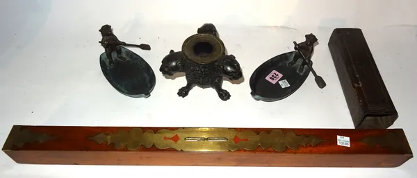 Collectables, including;  a large early 20th century mahogany and brass spirit level, a bronze candlestick modelled with three lion's heads and a pair