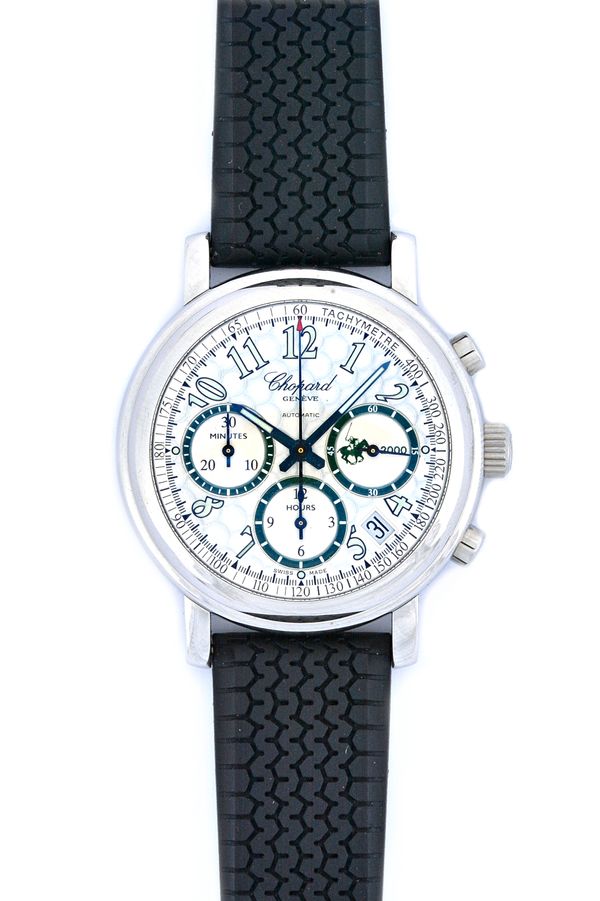 A Chopard Automatic steel circular cased gentleman's chronograph wristwatch, the signed silvered dial with Arabic numerals, three subsidiary dials, da