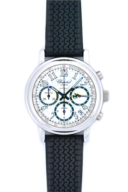 A Chopard Automatic steel circular cased gentleman's chronograph wristwatch, the signed silvered dial with Arabic numerals, three subsidiary dials, da