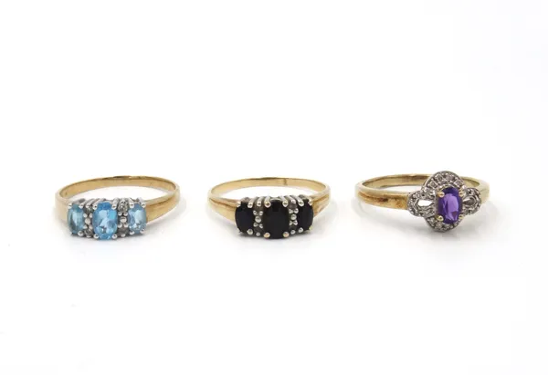 A 9ct gold, amethyst and diamond ring and two further 9ct gold and gem set rings, combined gross weight 7.9 gms, (3).