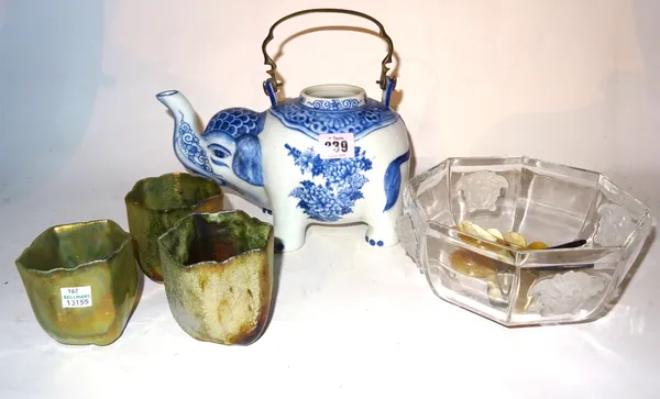 Ceramics and glass comprising 20th century blue and white Asian teapot modelled as an elephant, a Rosenthal glass bowl and three iridescent studio pot