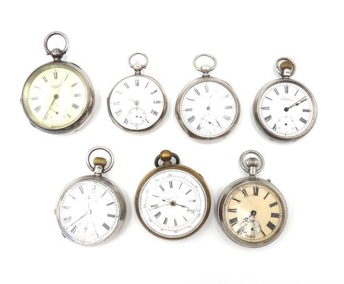 Three silver cased, key wind, openfaced gentleman's pocket watches, Birmingham 1899, London 1889 and detailed Fine Silver, two silver cased, keyless w