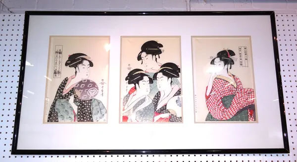 Three Japanese prints of beauties after Utamaro, glazed and framed as one.  CAB