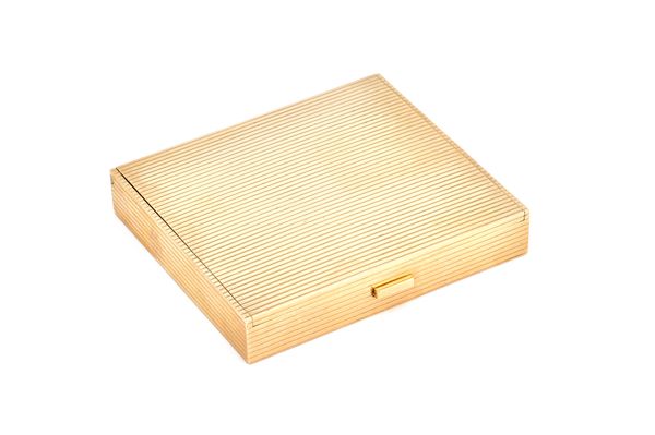 A 9ct gold rectangular cigarette box, the exterior with banded decoration, London 1936, 9.6cm x 8.5cm, gross weight 167.5 gms. Illustrated