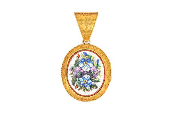 A gold mounted oval mosaic pendant locket, probably Italian, circa 1880, in a raised floral design within a bead and wirework applied border, the back