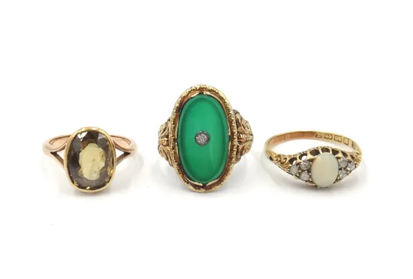 A Victorian 18ct gold, opal and rose diamond set ring, mounted with the oval opal to the centre, between rose diamond set three stone sides, Birmingha