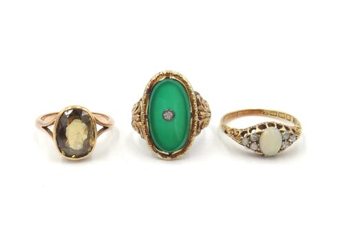 A Victorian 18ct gold, opal and rose diamond set ring, mounted with the oval opal to the centre, between rose diamond set three stone sides, Birmingha