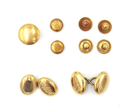 A pair of Victorian 18ct gold cufflinks, of oval form, the fronts monogram engraved, London 1868, weight 10 gms, a pair of dress studs, detailed 18, w