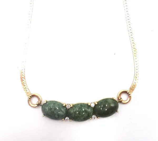 A gold, diamond set and jade necklace, the front mounted with three oval jade cabochons and with two pairs of circular cut diamonds mounted at interva