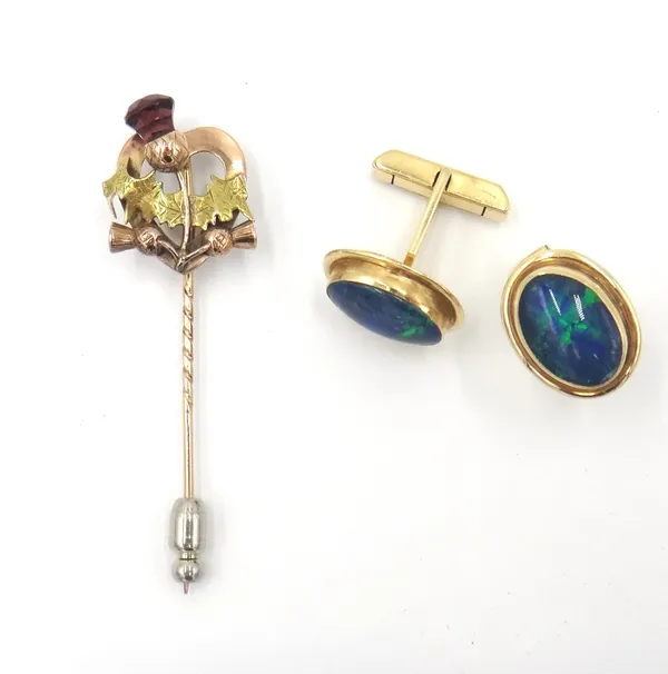 A pair of gold mounted oval opal triplet set cufflinks, each front collet set with an oval opal triplet, the backs with folding bar shaped fittings, d
