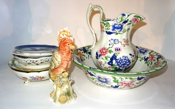 Ceramics, including; Spode jug and basin, a Christmas plate, a Copenhagen Christmas plate, model of a parakeet, two German porcelain bowls and a 19th