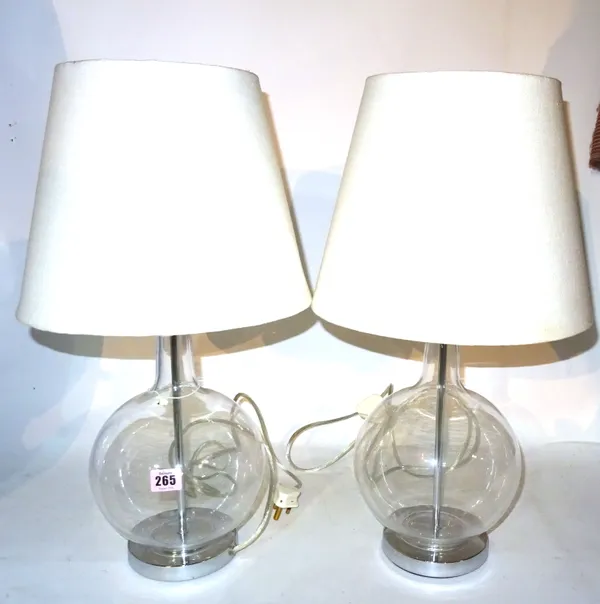 A pair of 20th century globular glass table lamps and a pair of shades, (2).  S4B