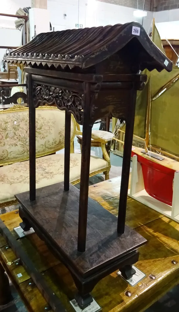An early 20th century Chinese pagoda/gong stand, 59cm wide x 100cm high.   F4