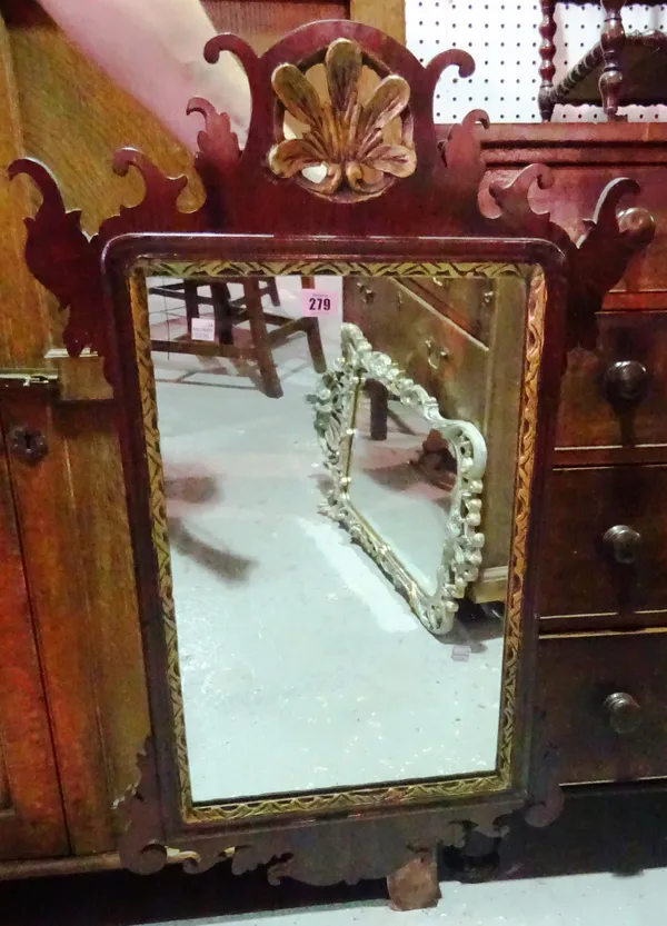 A George III style mahogany, parcel gilt and fret work mirror, 52cm wide x 84cm high. MIRR