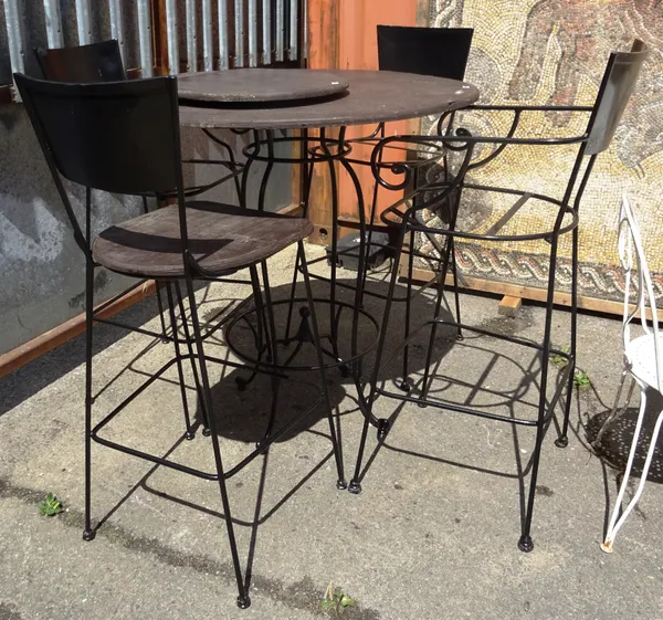 A 20th century black painted wrought iron high bar table with four matching chairs, 97cm wide x 108cm high, (5).  OUT