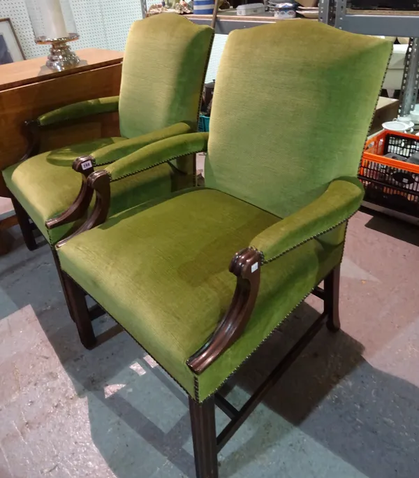A pair of George III style mahogany open armchairs on block supports with green upholstery, 68cm wide (2).  BAY 3