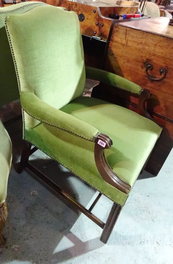 A pair of George III style mahogany open armchairs on block supports with green upholstery, 68cm wide (2).  BAY 3