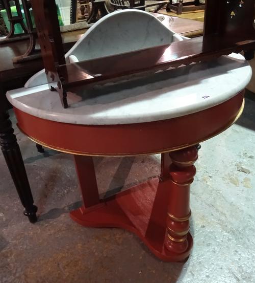 A Regency style demi-lune marble top console table, 88cm wide x 88cm high and a 20th century white painted demi-lune side table 59cm wide x 71cm high,