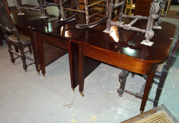 An early 20th century mahogany triple section dining table, on tapering square supports, 250cm long x 78cm high.  H7