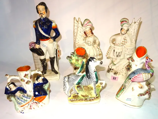 Ceramics, comprising; a group of six Victorian Staffordshire flatback figures, including Zebra, peacock and four figures, (a.f), (6).  CAB