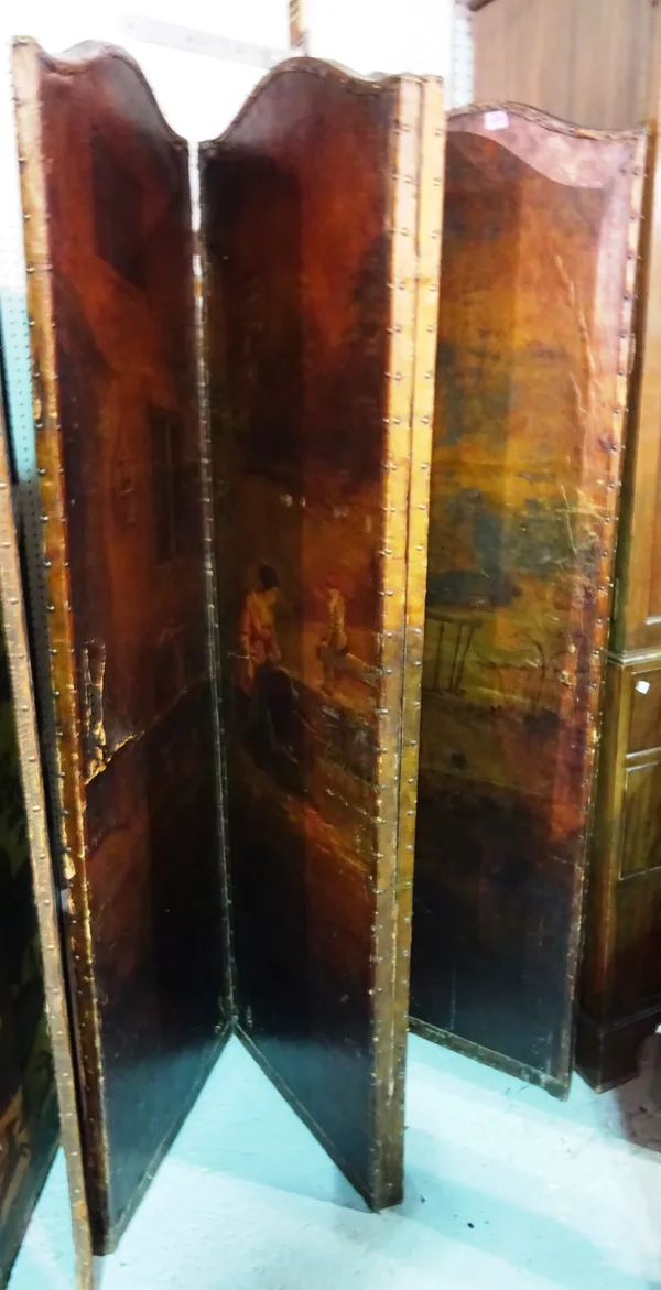 An early 20th century leather four fold screen, 220cm wide x 180cm high and an early 20th century leather three fold screen, 165cm wide x 180cm high (