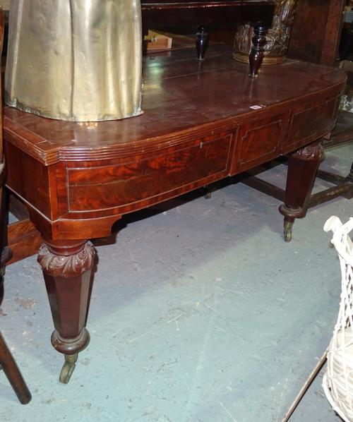A 19th century mahogany sideboard, the bowfront top with pair of frieze drawers, on tapering hexagonal supports, 137cm wide x 79cm high x 76cm deep.
