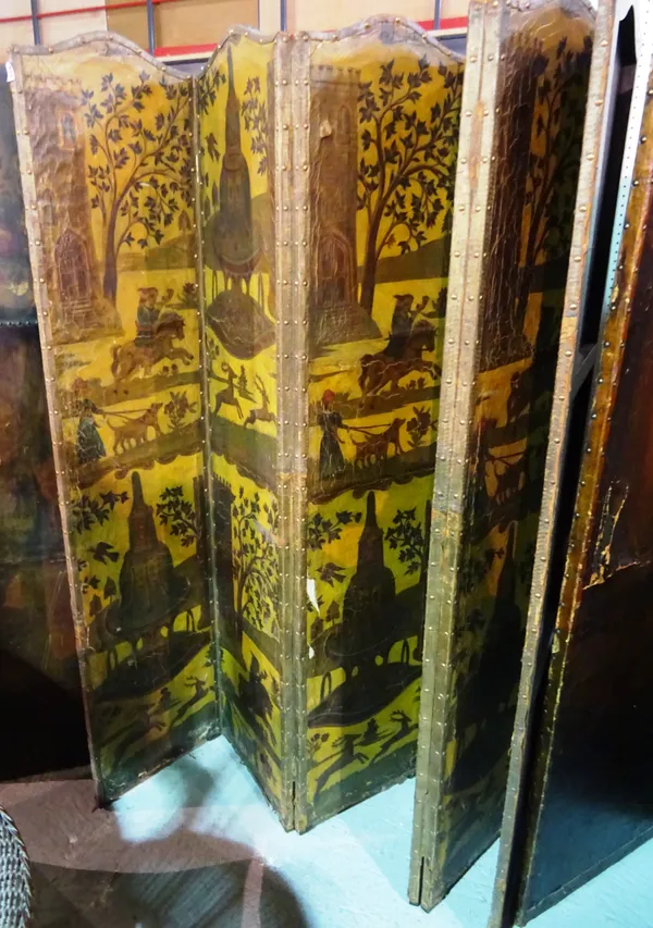 An early 20th century leather six fold screen decorated with hunting scenes, 240cm wide.  M6