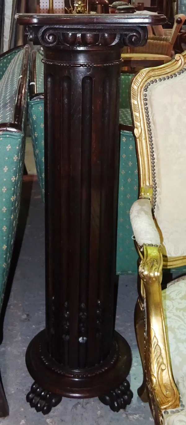 A late Victorian inlaid walnut trumpet shaped work table on a tripod base, 45cm wide x 71cm high, together with an 18th century style gilt framed mirr
