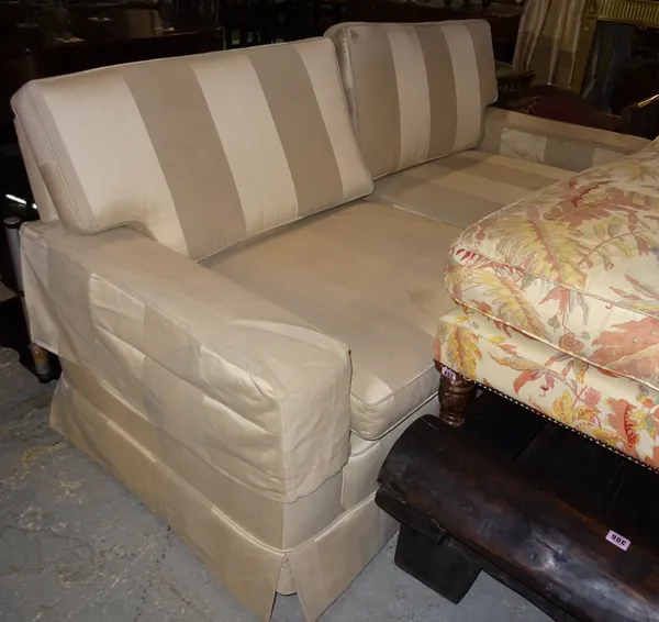 A pair of 20th century two seater sofas with striped upholstery, 200cm wide, (2).   F7