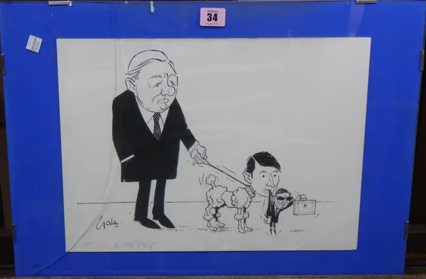 George Gale (20th century), a political cartoon depicting the Lib-Lab pact with James Callaghan, David Steel and Denis Healey, pen and ink, signed and