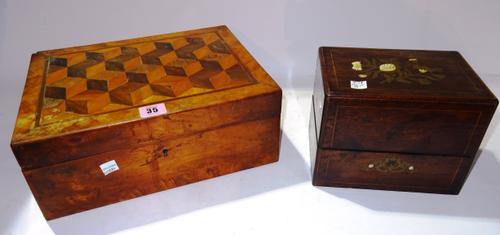 A Victorian parquetry decorated box, lacking interior, 32cm wide x 12cm high and a French rosewood and brass inlaid box 19cm wide x 15cm high, (2).  C