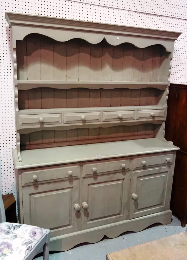 A 20th century grey painted dresser with plate rack, 150cm wide x 200cm high.  C10