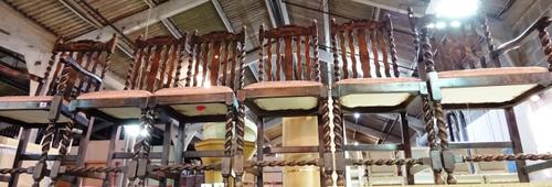 A set of six 18th century style oak dining chairs on barley twisted supports (6).  BAY 1