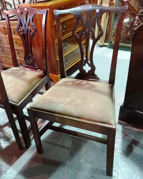 A pair of George III style mahogany side chairs, another and a pair of Victorian rosewood balloon back chairs, (5).   D8