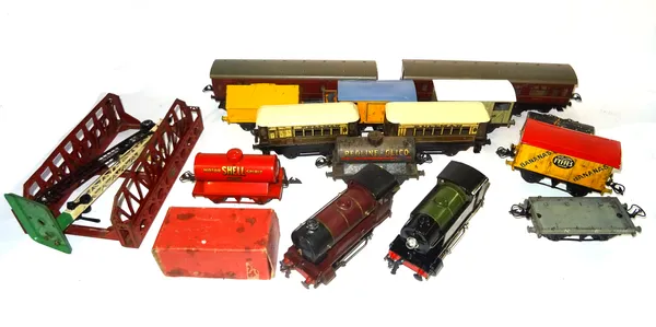 A quantity of 0 gauge locomotives, wagons, track and accessories, including a Hornby Southern 126 electric locomotive and a Hornby 501 locomotive, (qt