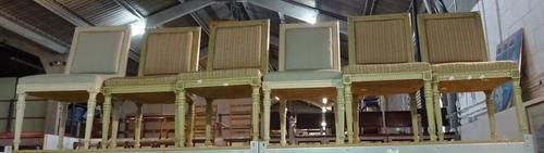 A set of six Louis XVI style square back dining chairs on tapering fluted supports, 57cm wide x 95cm high (6).  BAY 1
