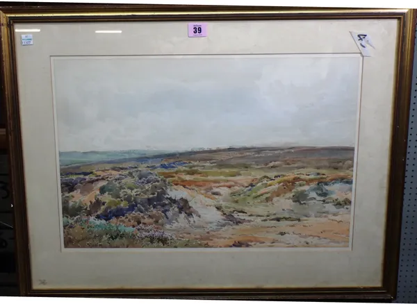 Claude Hayes (1852-1922), Moorland scene, watercolour, signed, 34cm x 52cm.; together with a further watercolour of wetlands with birds by the same ha