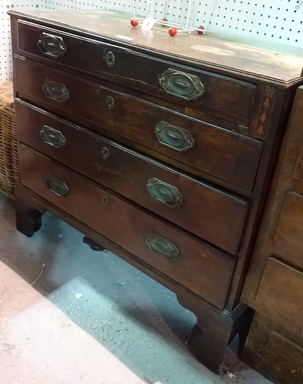 An George III mahogany and inlaid chest, four graduated drawers on bracket feet, 93cm wide x 82cm high.   A5