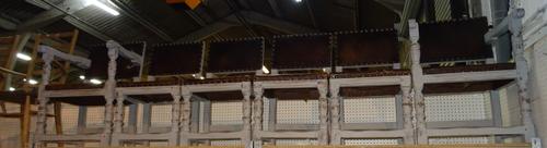 A set of six Charles II style later grey painted leather upholstered dining chairs, including a pair of carvers, (6).   BAY 1