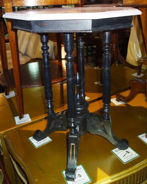 An early 20th century Aesthetic movement octagonal occasional table with later added white marble top, 50cm wide x 65cm high.   G6