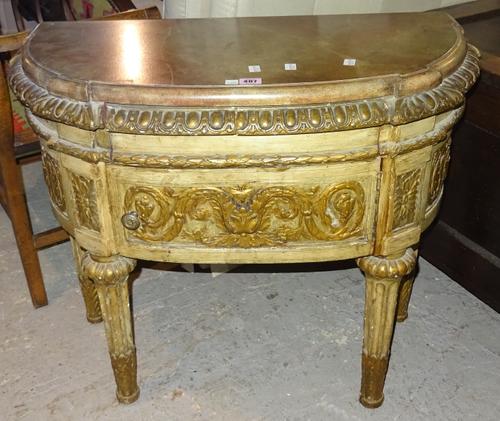 An polychrome painted demi-lune single drawer side cabinet in the 18th century North Italian style, on tapering fluted supports, 82cm wide x 70cm high