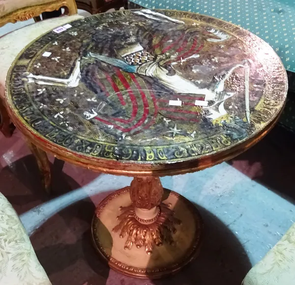 A 20th century occasional table, the circular top painted with a knight on horseback, on parcel gilt acanthus mounted base, 66cm diameter x 55cm high.