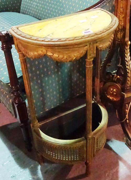 A pair of 20th century hall stands, each of semi-elliptic form with faux inset marble top, 41cm wide x 75cm high x 24cm deep (2).  D4