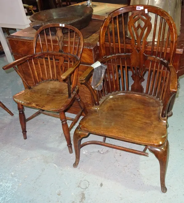 A 19th century style Windsor chair, on cabriole supports united by crinoline stretcher, 63cm wide x 106cm high, together with a 19th century Windsor c