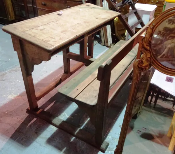 A 19th century elm school desk and bench 120cm wide x 80cm high. H9