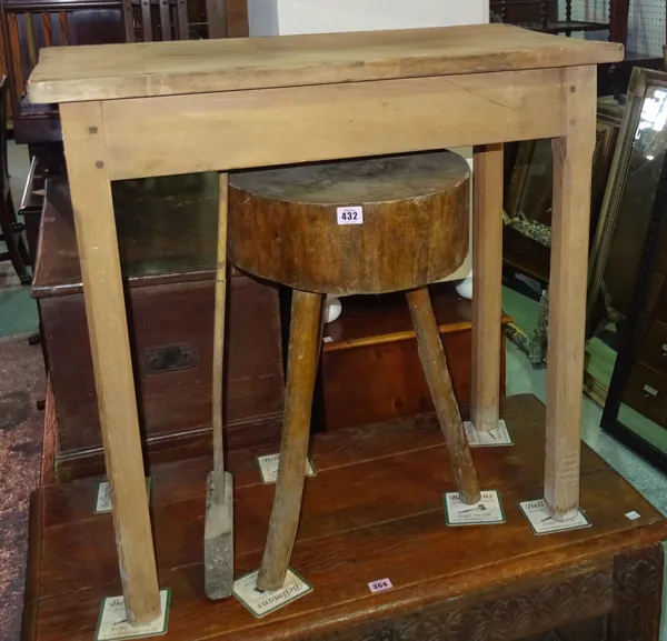 An early 20th century pine side table on block supports, 74cm wide x 74cm high.   G9