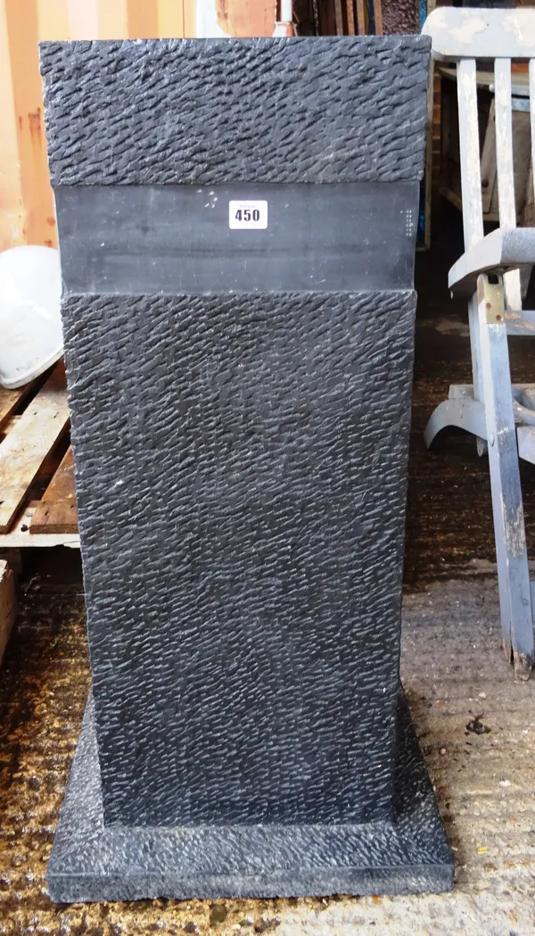 A 20th century carved slate square pedestal, 41cm wide x 80cm high.  OUT