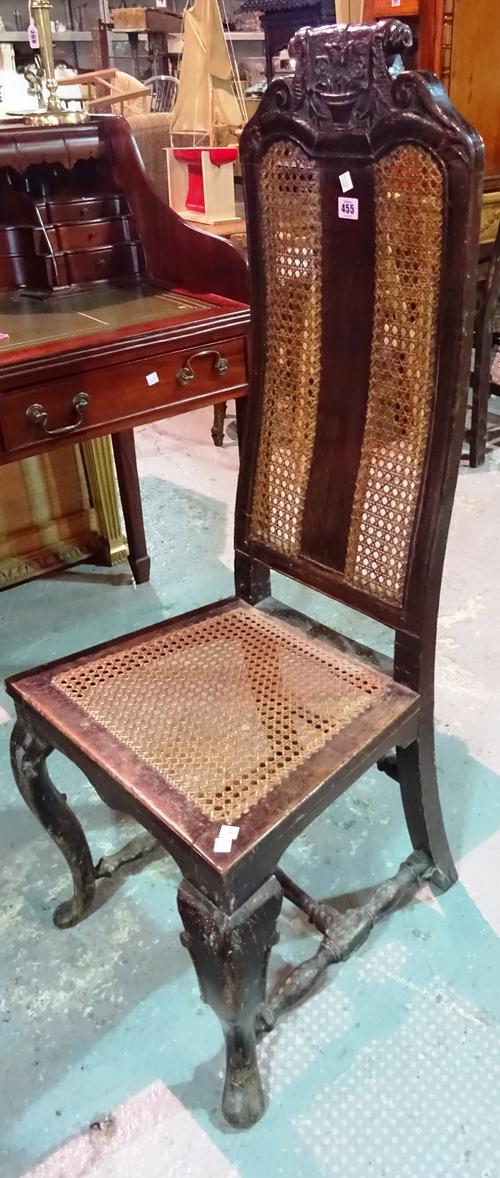 A Queen Anne and later walnut framed high back side chair, 50cm wide x 120cm high. Provenance; Property from Prudence and the late Marius Goring, CBE.